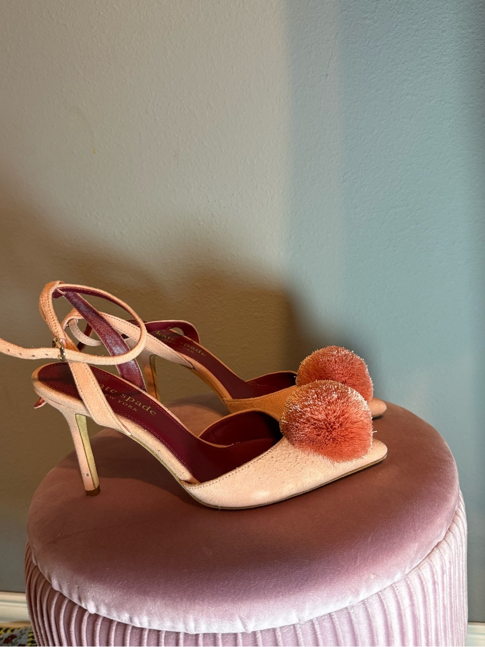 kate spade Coral Pink Suede Pom-Pom Ankle-Strap Heels size 6 - Picture 2 of 9